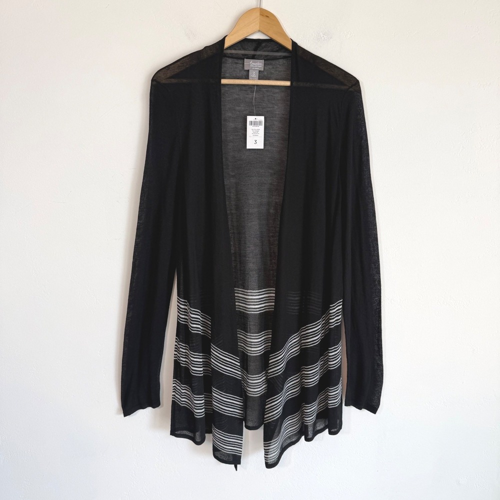 NWT Chico's Travelers Taryn Cardigan 3 XL Black White Sheer Open Front Boho